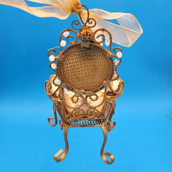 Victorian Gold French Provincial Floral Chair Ornament Pearl Beads Tulle Ribbon - Picture 5 of 8